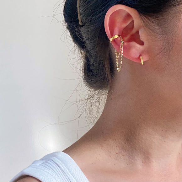 One Gold Plated Double Tassel Chain Circle Disk Ear Cuff - Picture 5 of 6